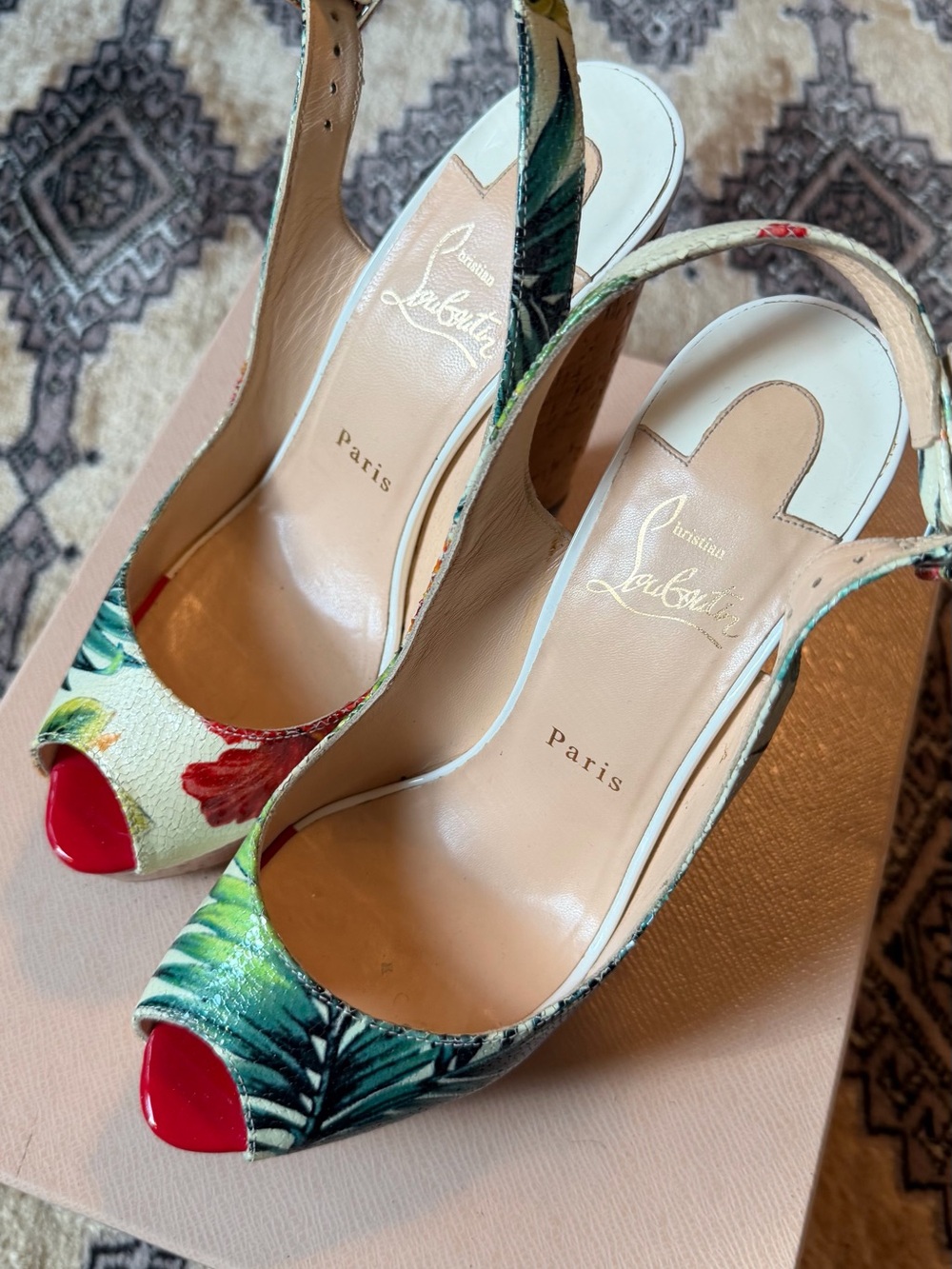 Christian Louboutin Floral Peep-Toe Slingback Heels in Multicolor - Picture 5 of 8